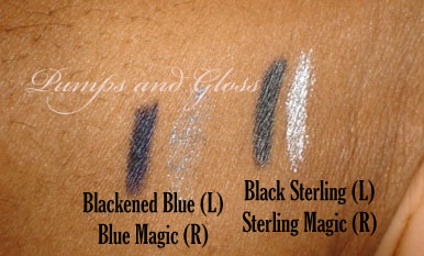 Milani Black Magic liner and Eye Glimmer Swatches (Blue and Black)