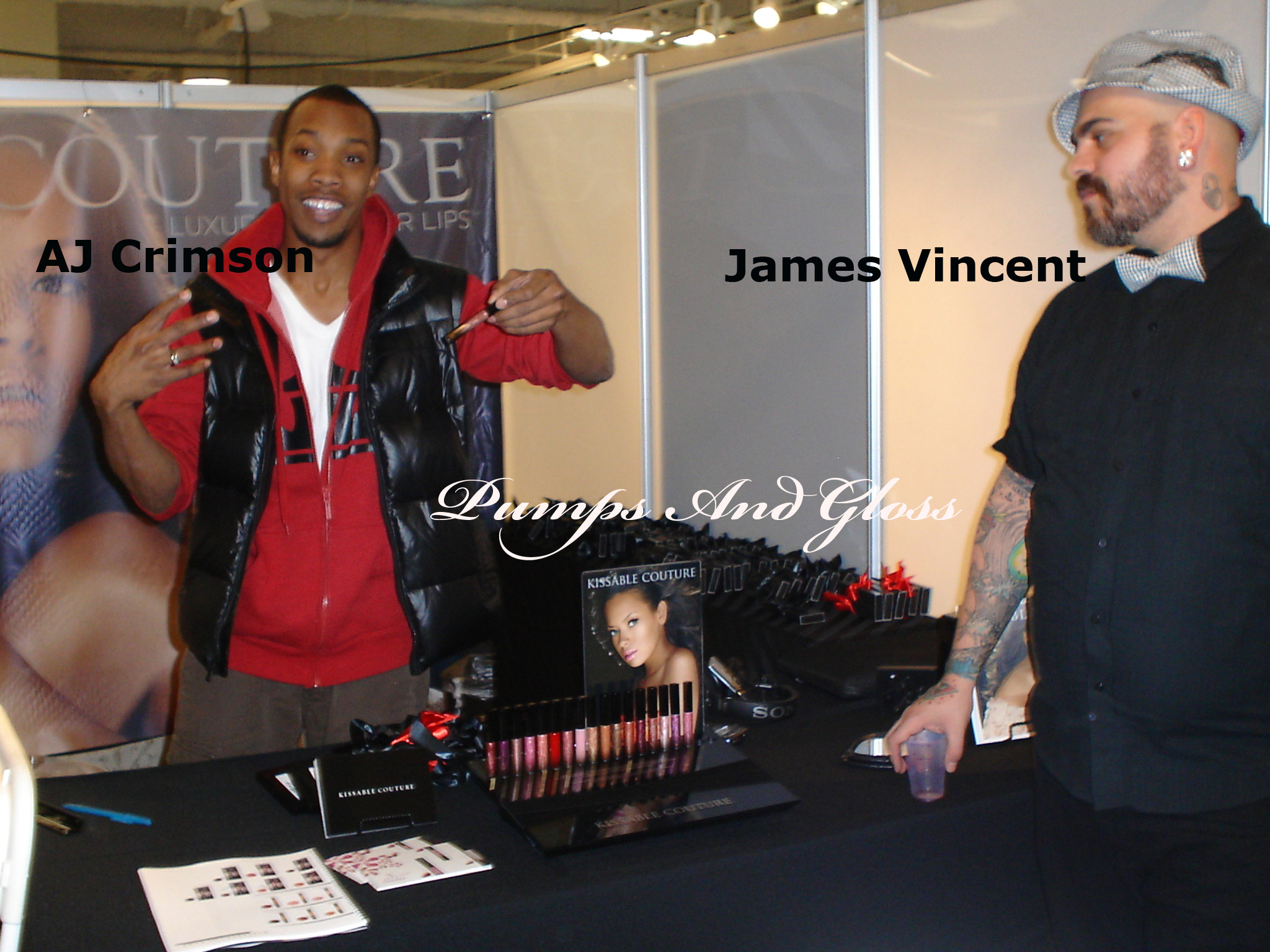 AJ Crimson discussing Kissable Couture's spring line as James Vincent looks on.