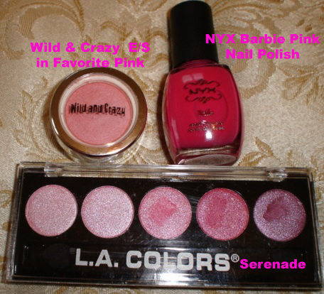 NYX Nail Polish in Barbie Pink, Wild & Crazy Eye Shadow in Favorite Pink, and LA Colors Metallic in Serenade